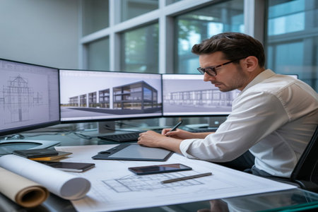 Architect working on blueprint at office desk in front of computer monitors