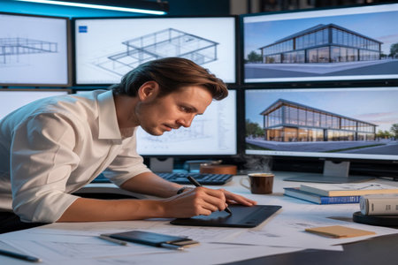 Young businessman working late at night in office, using tablet computer.