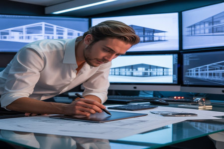 Young businessman working late at night in office using computer and tablet.