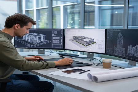 Architect working on computer at desk in office with plans and blueprints