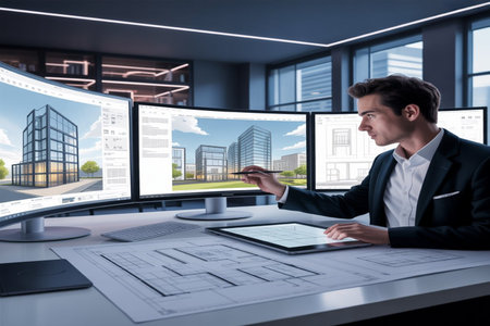 businessman using tablet and computer in modern office with cityscape on the screen