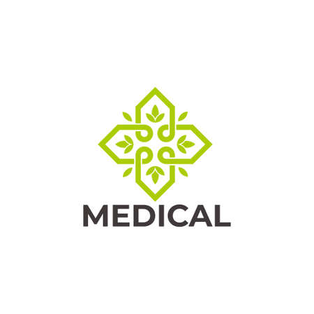 leaf plus medical herbs line design symbol logo vectorのイラスト素材
