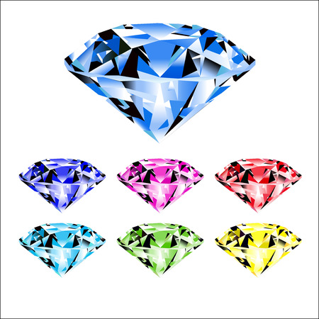 Cartoon gems and diamonds icons set in different colors on the white background.のイラスト素材