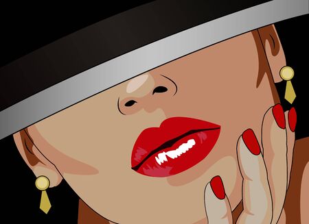 Modern girl with red lips and black hatのイラスト素材