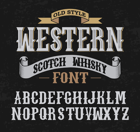Western label font and sample label design with decoration and ribbon. Vintage Whisky font. Fine label whiskey font. Old Style.のイラスト素材