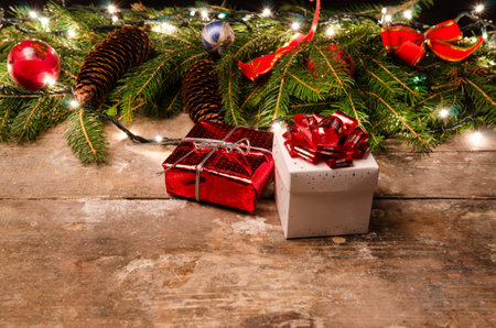 cristmas decorations and presents on table
