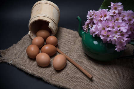 domestic eggs on juteの写真素材