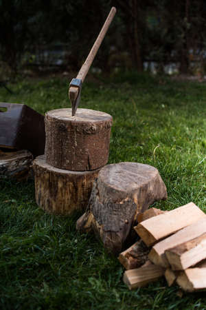 log with an ax and firewoodの写真素材