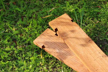 Overlap boards for building wooden walls. Wooden walls. Impregnated boards for building a composter.の写真素材