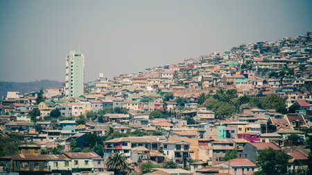 Urban Skyline of Valparaiso, accumulation of houses at the hills of Valparaiso.の写真素材