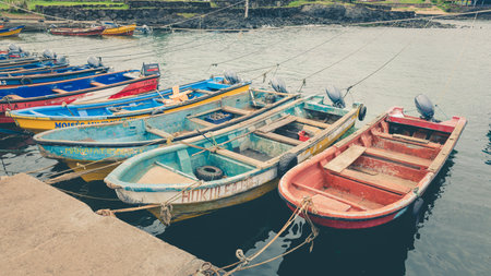 Colorful wooden fishing boats tied to ropes in the harbor of Hanga Roa on Rapa Nui, Easter Island.の写真素材