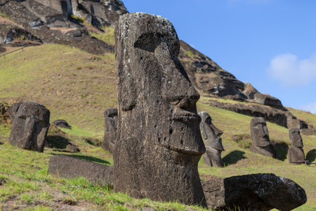 Moais of Rano Raraku, the cradle of stone statues on Rapa Nui, Easter Island.の写真素材