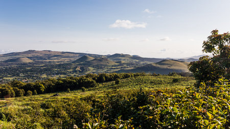 The view from the summit of Rano Kau down to the green landscape including the Vukan funnel and...