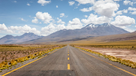 A paved road leads through the Atacama Desert along green steppes, red sandy landscapes, huge volcanoes and snow-capped mountains.の写真素材