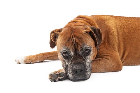 An elderly Boxer breed dog laying down against a white backdrop with a sad look on his face. Isolated on white with copy space. の写真素材