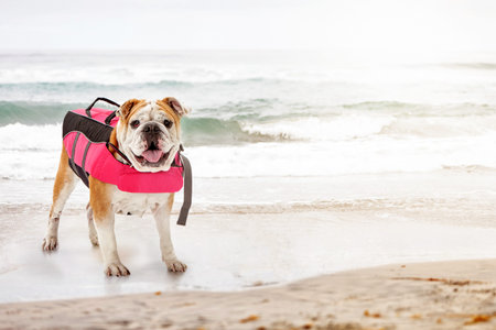 Bulldog breed dog wearing pink lifejacket while standing on beach at oceanの写真素材