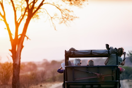 KRUGER NATIONAL PARK, SOUTH AFRICA - November 6, 2016. Tourists taking photos on a safari drive through Kruger National Park at sunsetのeditorial素材