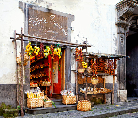 Sorrento, Italy - March 23, 2012. A farmhouse market on a street in Sorrento Italy with fresh pasta and produce for saleのeditorial素材