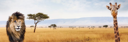Lion and giraffe closeup over Kenya, Africa scene. Sized for website or social media header