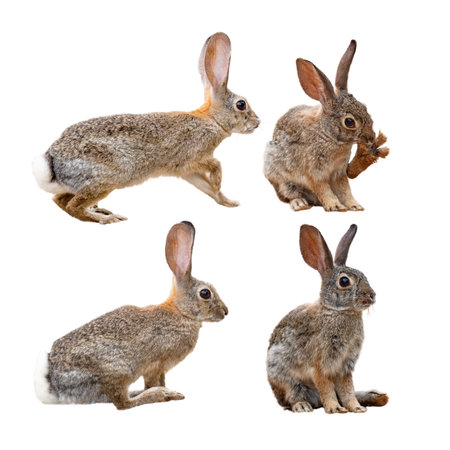 Brown wild rabbit isolated on white in four different positionsの写真素材