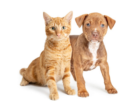 Cute small puppy dog and young orange cat together over white background