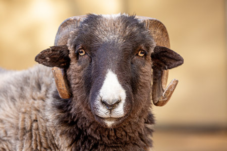 A closeup cropped shot of a Navajo-Churro Sheep, showing his curled horns as he looks at the camera against a natural background.の写真素材