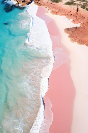 Overhead view of the shoreline of a beautiful and tranquil pink sand beach in Sardenia Italy with abstract patterns in the waves and sand.の素材