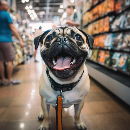 A cute purebred Pug dog in a pet store aisle looking up at rows of treats with a happy expression and open mouth.の素材