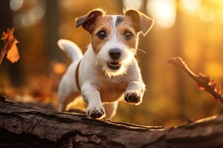 A Jack Russell Dog jumping over a tree log in a park in the autumn season.の素材