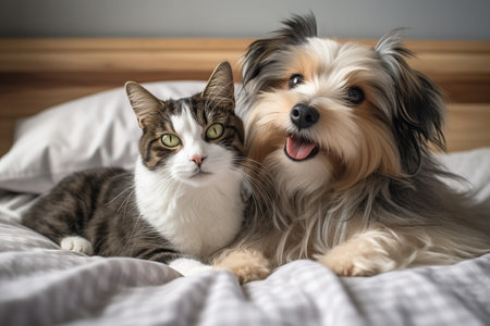 A cute and happy small dog and cat lying together on a bedroom bedの素材