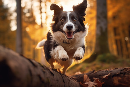 Happy Border Collie dog jumping over a log in the woods with golden light during the autumn season.の素材