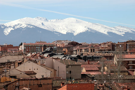 View of the snow-capped Navacerrada mountain range from Segoviaの写真素材