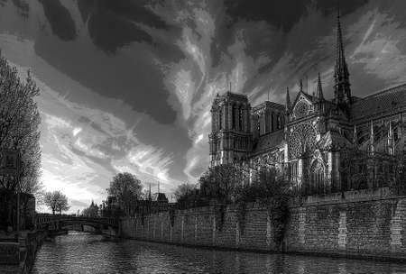 On the Seine at dusk - Notre Dame de Paris. Digital black & white paintingの写真素材
