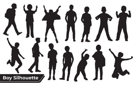 Collection of Boy or Kids silhouettes in different poses setのイラスト素材