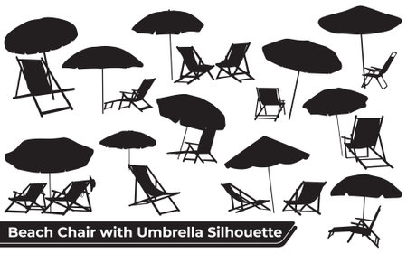 Set of beach chairs and umbrellas isolated on a white background. Silhouette of beach chairs and umbrellas vector illustrationのイラスト素材