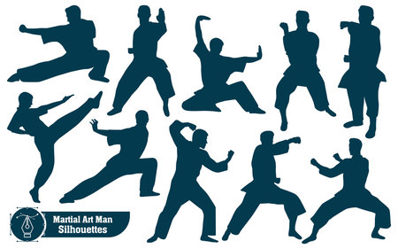 Vector collection of martial art man silhouettes in different posesのイラスト素材