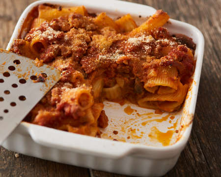 Baked Pasta with ragÃ¹ and mushroomsの写真素材