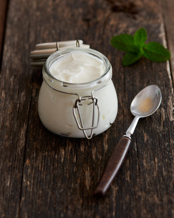 Greek yougurt on a wooden table