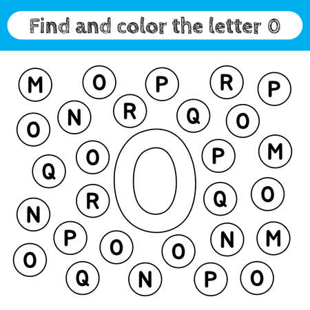 Learning worksheets for kids, find and color letters. Editable educational game for preschool children, recognizing alphabet shapes. Simple flat vector for kids activities. Letter O.のイラスト素材