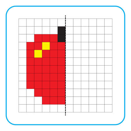 Picture reflection educational game for children. Learn to complete symmetrical worksheets for preschool activities. Coloring grid pages, visual perception and pixel art. Finish the apple fruit image.のイラスト素材