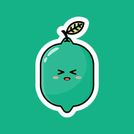 Cute fruit cartoon character with happy smiling expression. Flat vector design, clip art of object with cheerful face. Good for business promotion icons, mascots or stickers. Green lemon illustration.のイラスト素材
