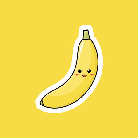 Cute fruit cartoon character with happy smiling expression. Flat vector design, clip art with cheerful face. Good for business promotion icons, mascots or stickers. Illustration of a yellow banana.のイラスト素材