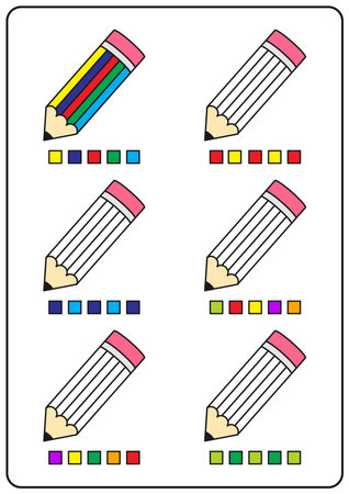 Instructional coloring pages, educational games for kids, preschool activities, printable worksheets. Simple cartoon vector illustration of colorful objects to learn colors. Coloring pencils.のイラスト素材
