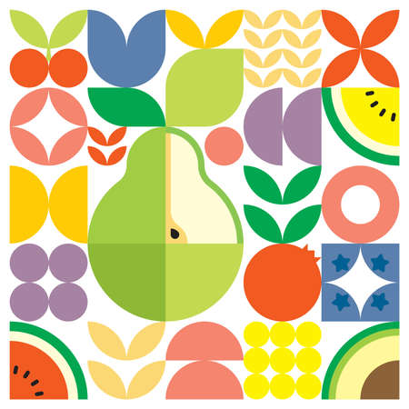 Geometric summer fresh fruit cut artwork poster with colorful simple shapes. Scandinavian style flat abstract vector pattern design. Minimalist illustration of a green pear on a white background.のイラスト素材