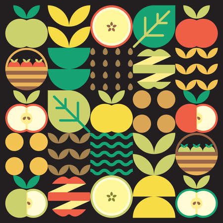 Apple icon abstract artwork. Design illustration of colorful apple pattern, leaves, and geometric symbols in minimalist style. Whole fruit, cut and split. Simple flat vector on a black background.のイラスト素材