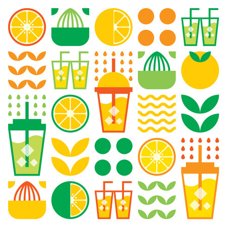 Simple flat illustration of abstract shapes of citrus fruits, lemons, grapefruit, lemonade, limes,...