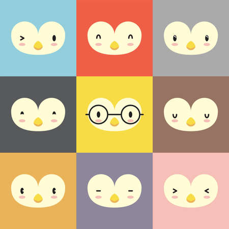 Set of various penguin facial expression avatars. Adorable cute baby animal head vector illustration. Simple flat design of happy smiling animal cartoon face emoticon. Colorful square background.のイラスト素材