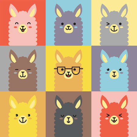 Set of various llama facial expression avatars. Adorable cute baby animal head vector illustration. Simple design of happy smiling animal cartoon face emoticon. Graphics and colorful backgrounds.のイラスト素材
