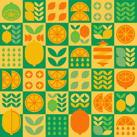 Abstract artwork of lemon fruit icon symbol. Simple vector art, geometric illustration of colorful citrus, oranges, limes, lemonade and leaves. Minimalist flat modern seamless pattern design.のイラスト素材