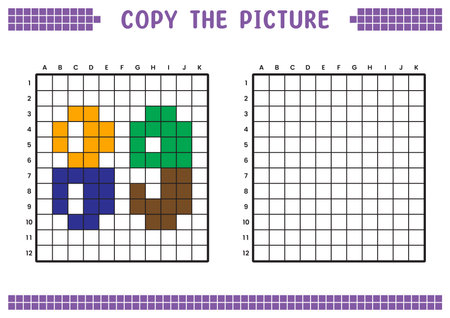 Copy the picture, complete the grid image. Educational worksheets drawing with squares, coloring cell areas. Preschool activities, children's games. Cartoon vector illustration, pixel art. Number 89.のイラスト素材